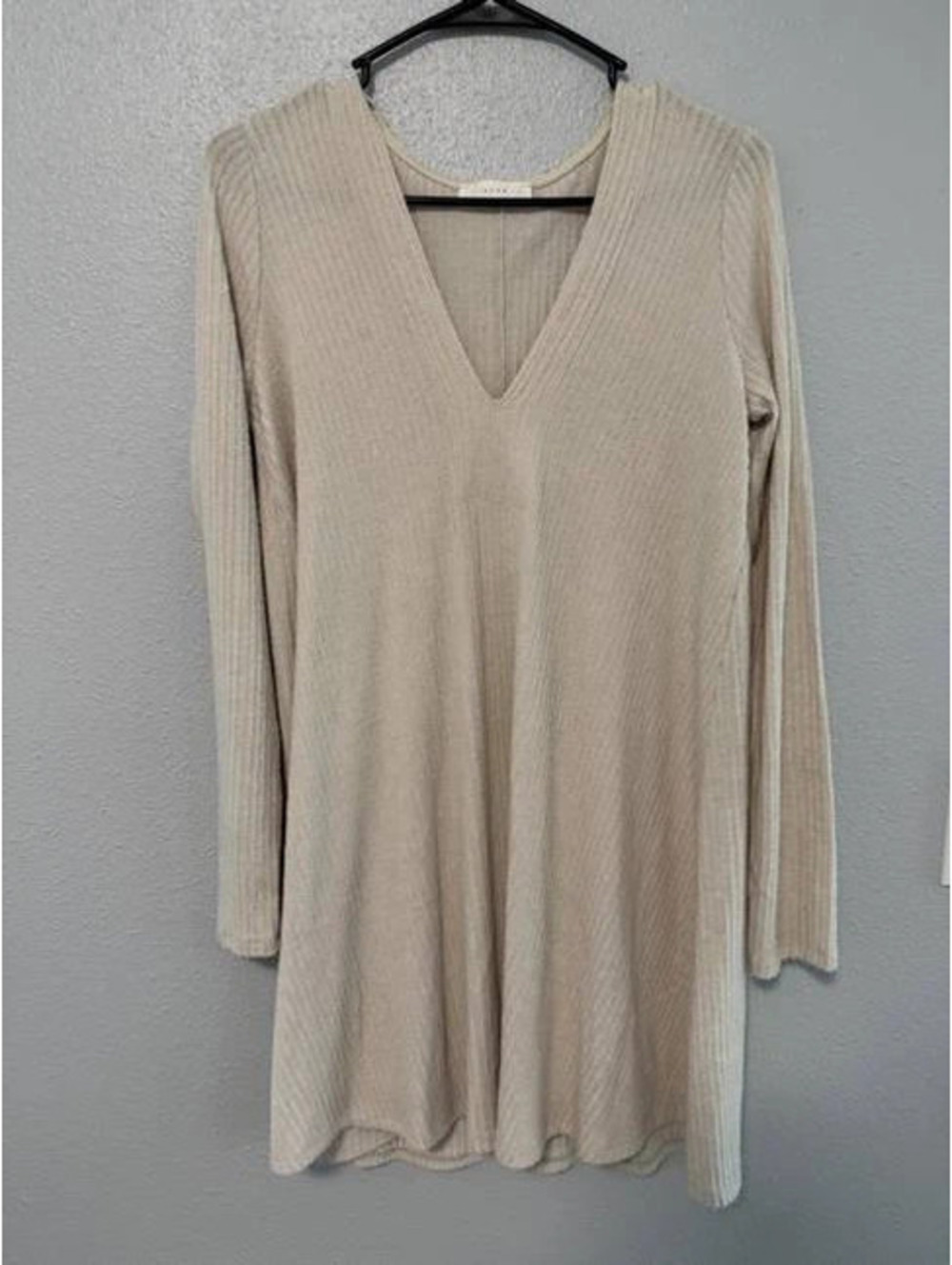 # 6163 Lush Beige Ribbed Long Sleeve V-Neck Dress